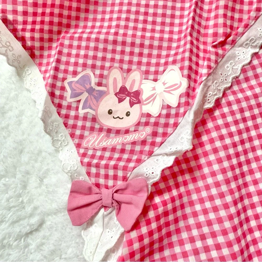 RARE New Mother Garden Usamomo Apron head scarf  130cm pink gingham lace bow